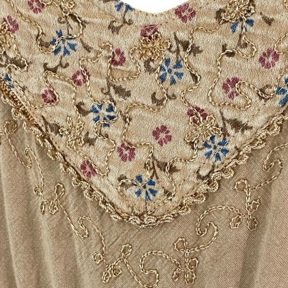 Vintage Floral Embroidered Babydoll Dress Beige Whimsical Forest Fairy Peasant - Picture 5 of 9
